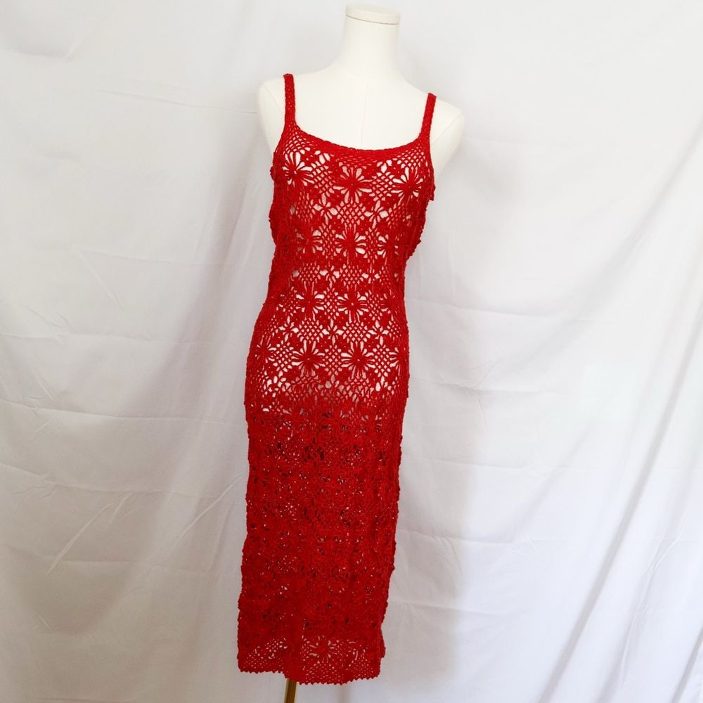 Handmade Taka Los Angeles 100% Cotton Crochet Midi Dress - 6, Red
